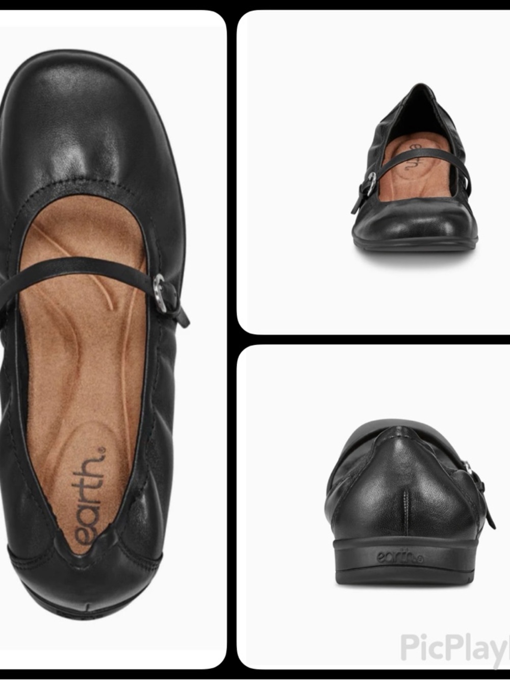 Earth Korvino Black Leather Mary Jane Flats Orthopedic Arch Support Size 9W NWOB